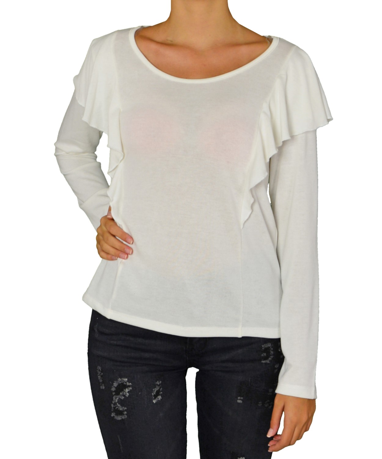 Γυναικεία μακρυμάνικη μπλούζα Lipsy λευκή με βολάν 2170015W
